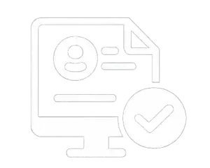 Online sign up icon showing a user profile on a computer screen with a checkmark.