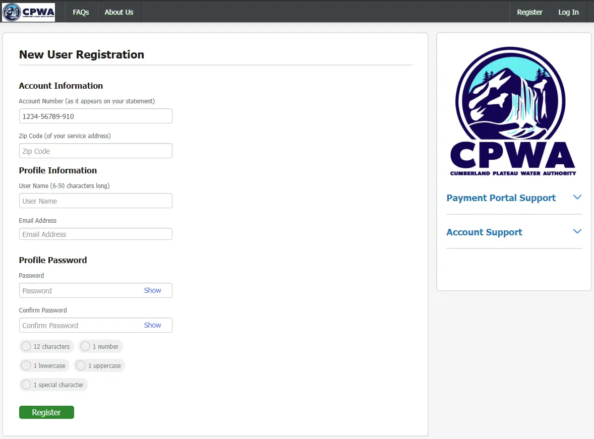 CPWA New User Registration page with fields for account number, ZIP code, username, email address, and password.