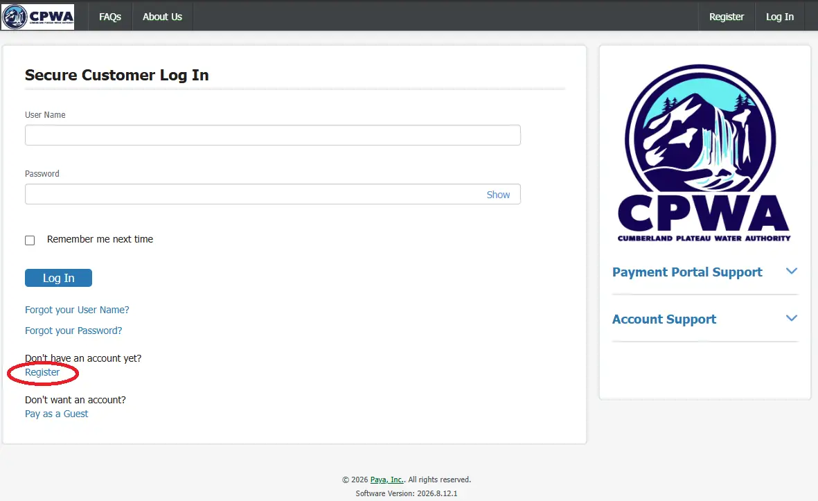 CPWA payment portal login page with the Register link highlighted for new account registration.