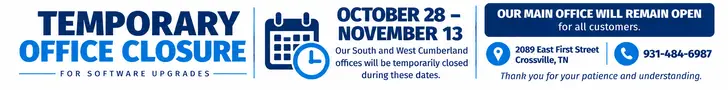 CPWA temporary office closure October 28 through November 13 for software upgrades. South and West Cumberland offices closed; main office remains open.
