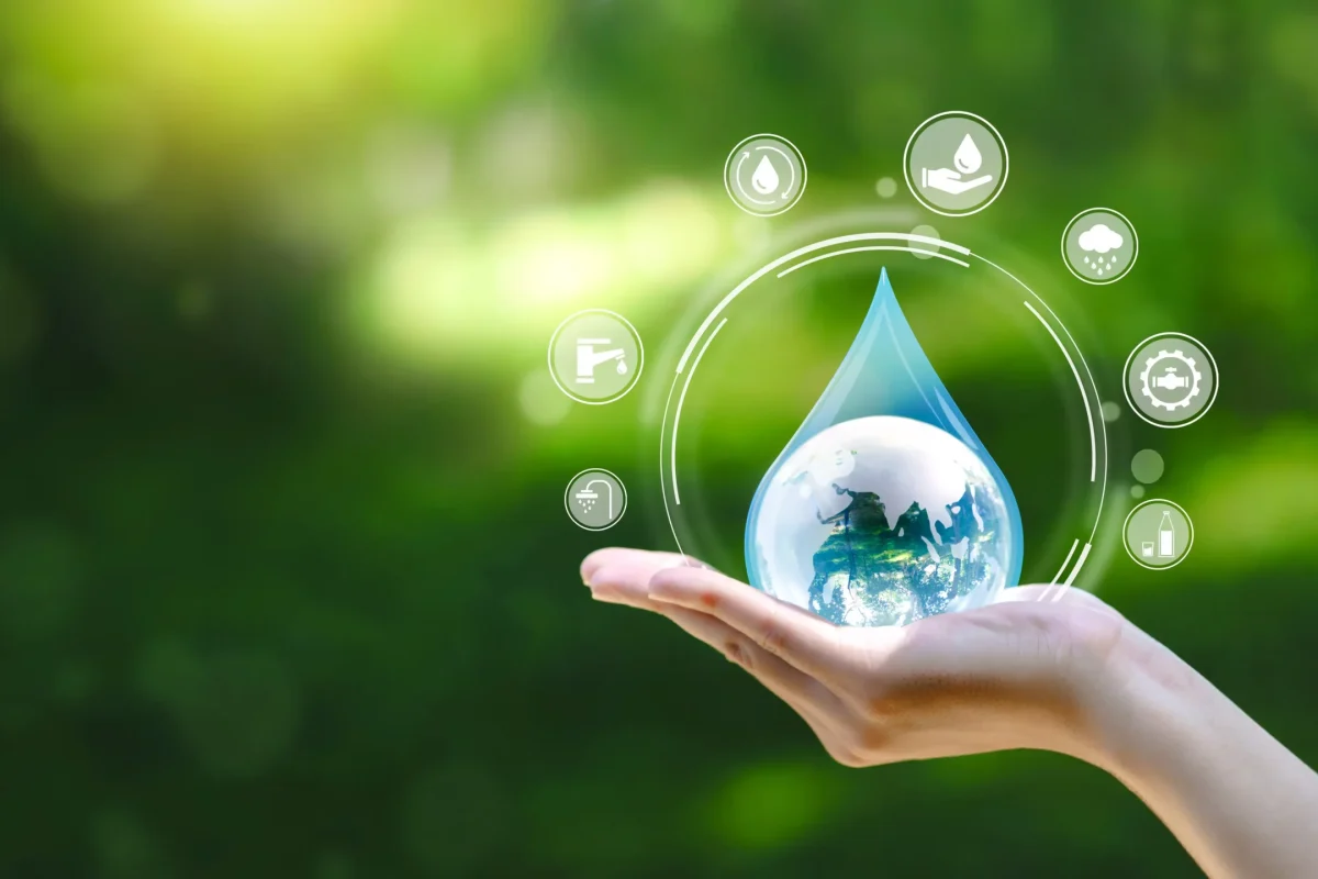 A water droplet with a symbol of Earth inside being held by a woman's hand.