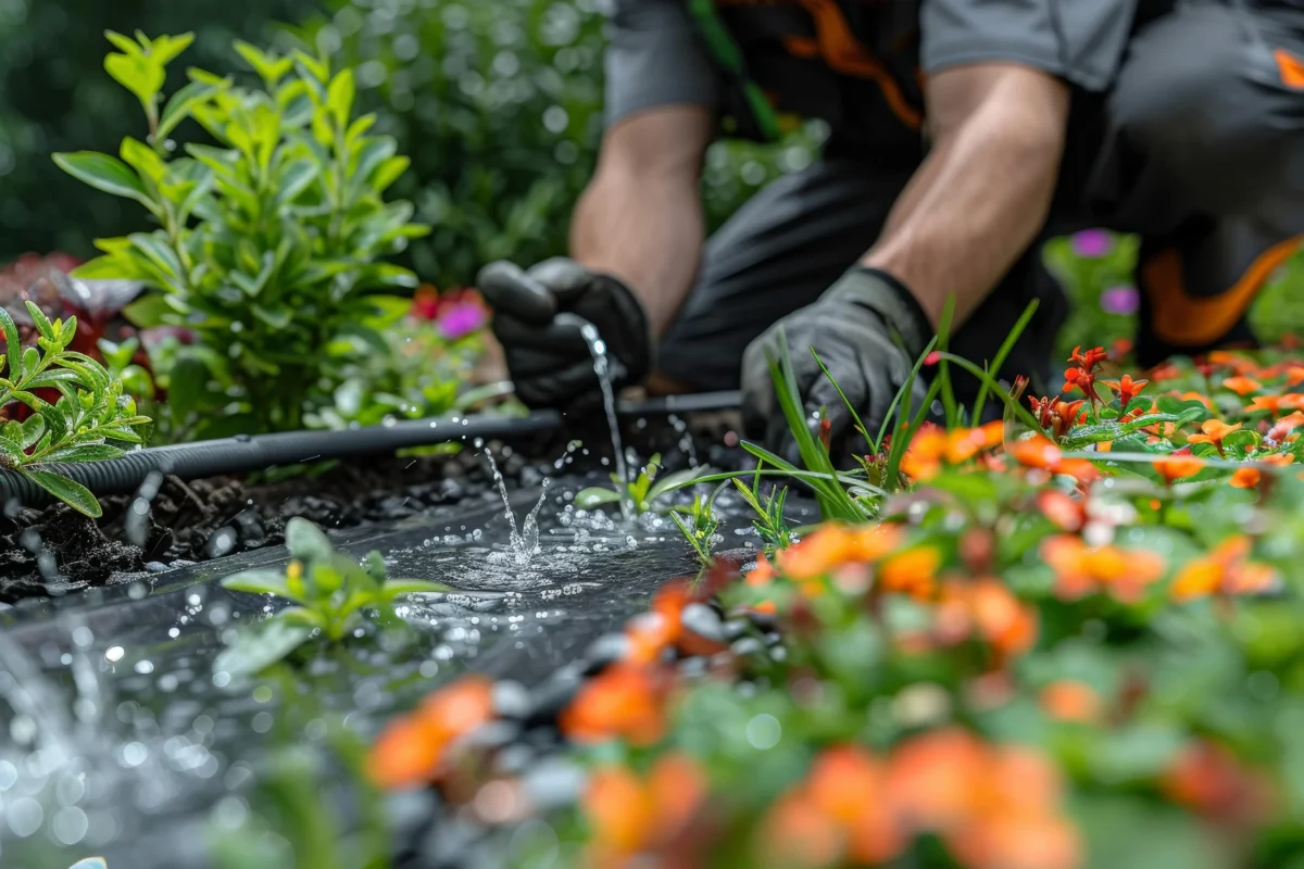 A man tends to his garden by watering flowers with a hose, ensuring they receive the necessary hydration for growth.